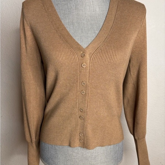 Lands' End Tan Cardigan Sweater V-Neck Ribbed Knit - Picture 1 of 5